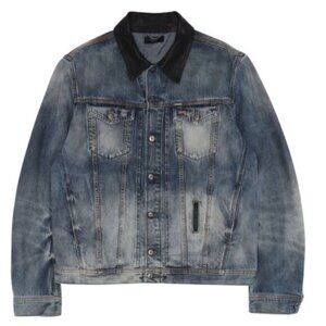 DIESEL Elshar Denim Distressed Jacket Blue Cow Leather Collar Biker